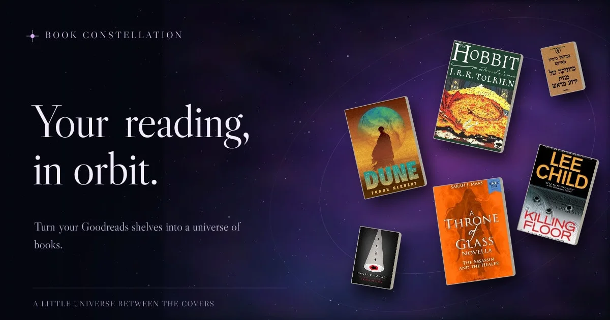 Book covers floating in a violet galaxy in Read in Orbit